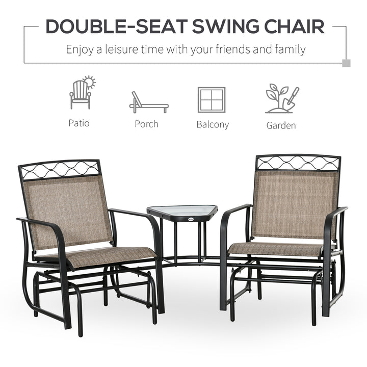Double Outdoor Glider Chair, 2 Seater Patio Rocking Chairs, Swing Bench with Tempered Glass Table, Breathable Mesh Fabric for Backyard, Garden, Porch, Brown