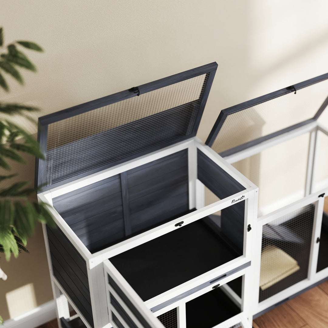 Wooden Rabbit Hutch with Run, 2-Tier Guinea Pig Hutch with Run, Wheels, 3 Plastic Trays, 2 Openable Top, for 2-3 Rabbits