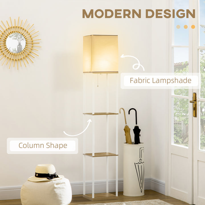 Modern Floor Lamp with Shelves, 3 Layer Shelf Tall Standing Lamp with Fabric Lampshade, Pull Chain Switch for Living Room, Bedroom, Bulb not Included, White