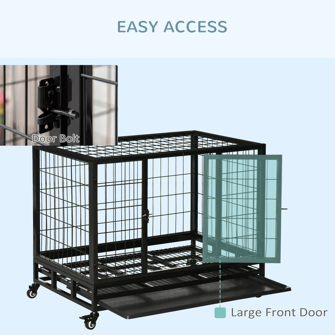 36" Heavy Duty Metal Dog Crate Pet Cage with Tray Wheeled Dog Kennel - Black (Medium)