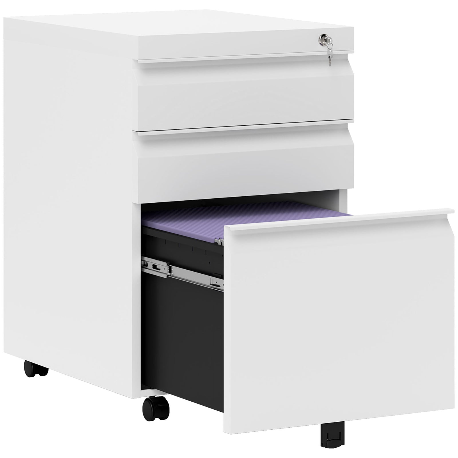 3 Drawer Filling Cabinet, Mobile Metal File Cabinet with Anti-tilt Design for Letter, A4, Legal Size, White