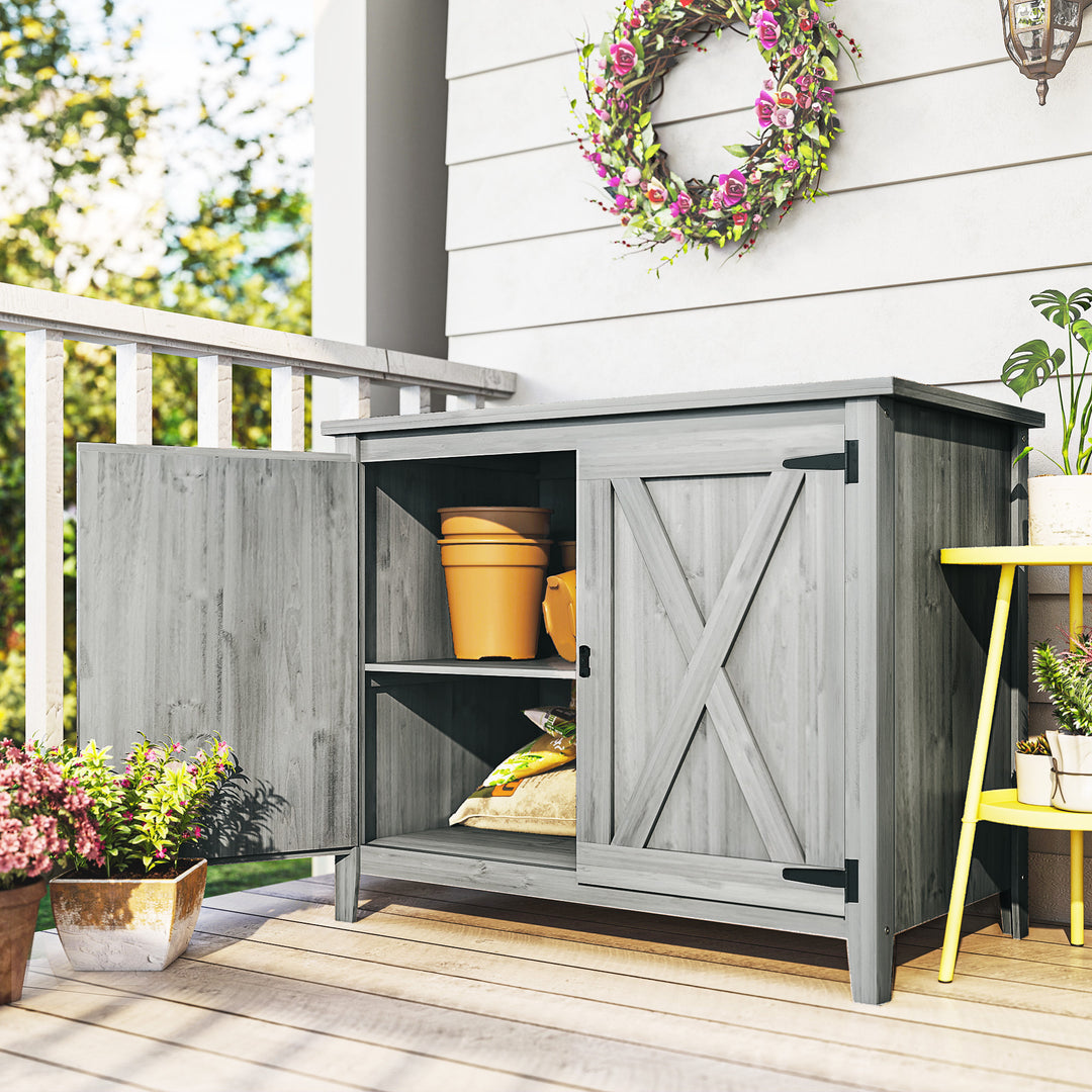 MCL Wooden Garden Shed, Outdoor Fir Wood Storage Shed with Shelf and Double Doors, Light Grey