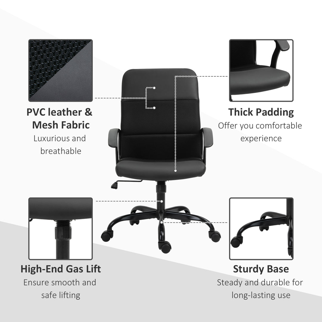 Mesh Office Chair, Faux Leather Desk Chair with Swivel Wheels, Adjustable Height and Tilt Function, Black