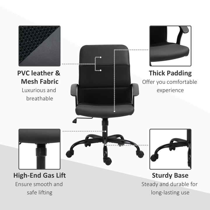 Mesh Office Chair, Faux Leather Desk Chair with Swivel Wheels, Adjustable Height and Tilt Function, Black