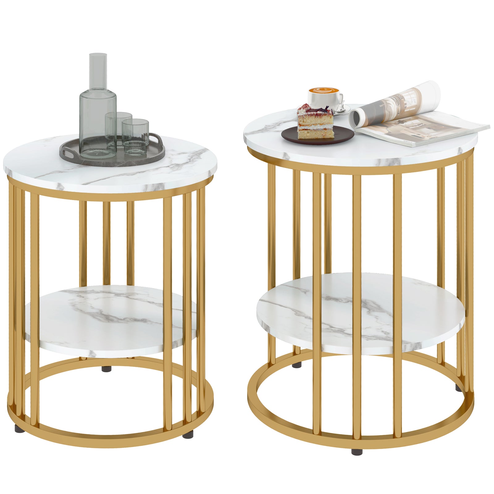 Set of Two Marble-Effect Coffee Tables - White/Gold-Tone