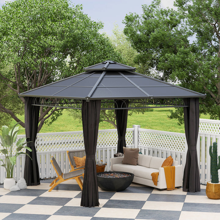3 x 3 (m) Outdoor Polycarbonate Gazebo, Double Roof Hard Top Gazebo with Galvanised Steel Frame, Nettings & Curtains for Garden, Lawn, Patio and Deck, Dark Grey
