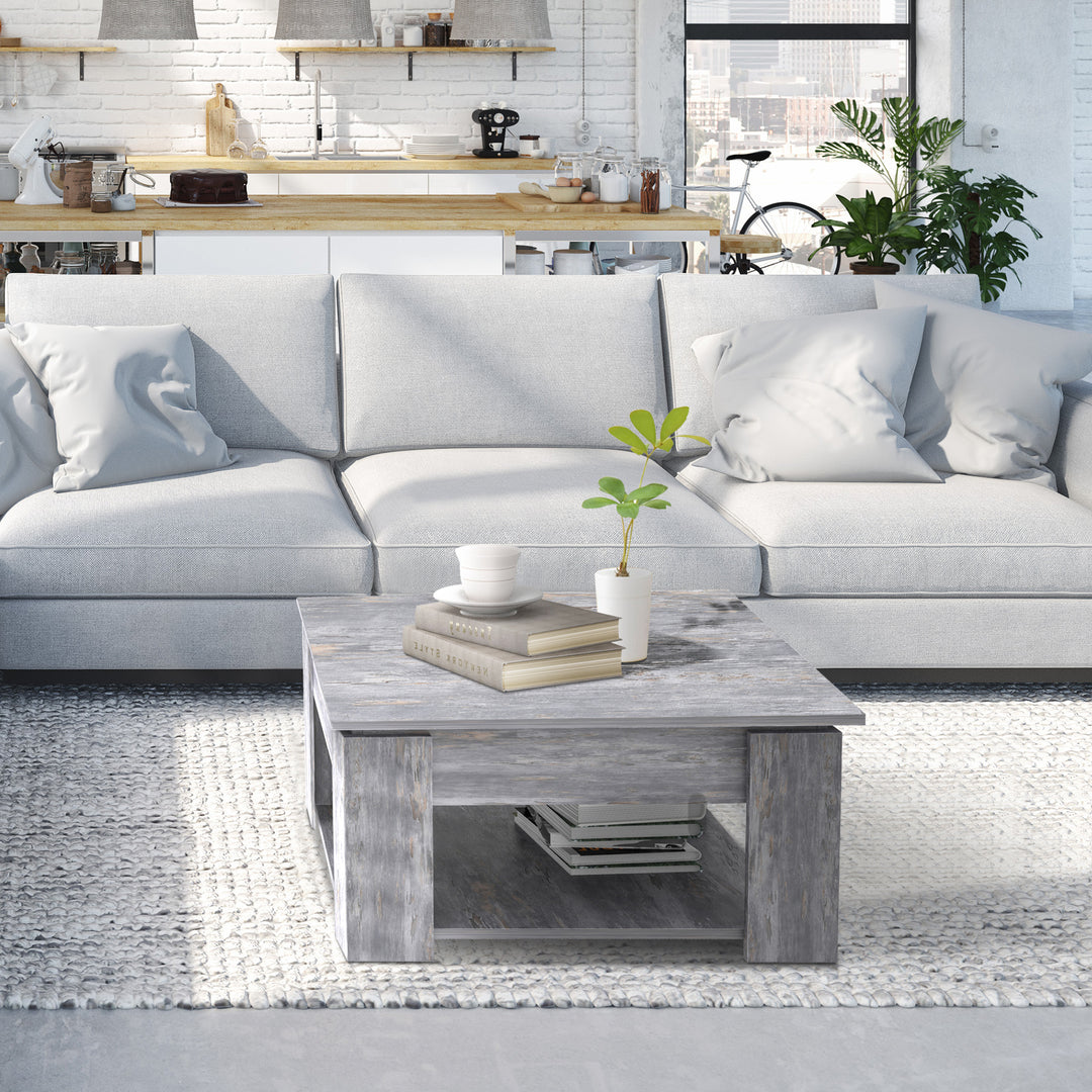 2 Tier Wood Coffee Table Side Table Bottom Storage Shelf Simple Modern Living Room Grey Wood Grain