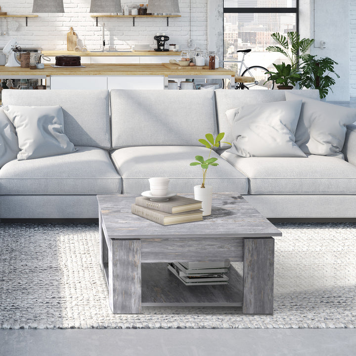 2 Tier Wood Coffee Table Side Table Bottom Storage Shelf Simple Modern Living Room Grey Wood Grain