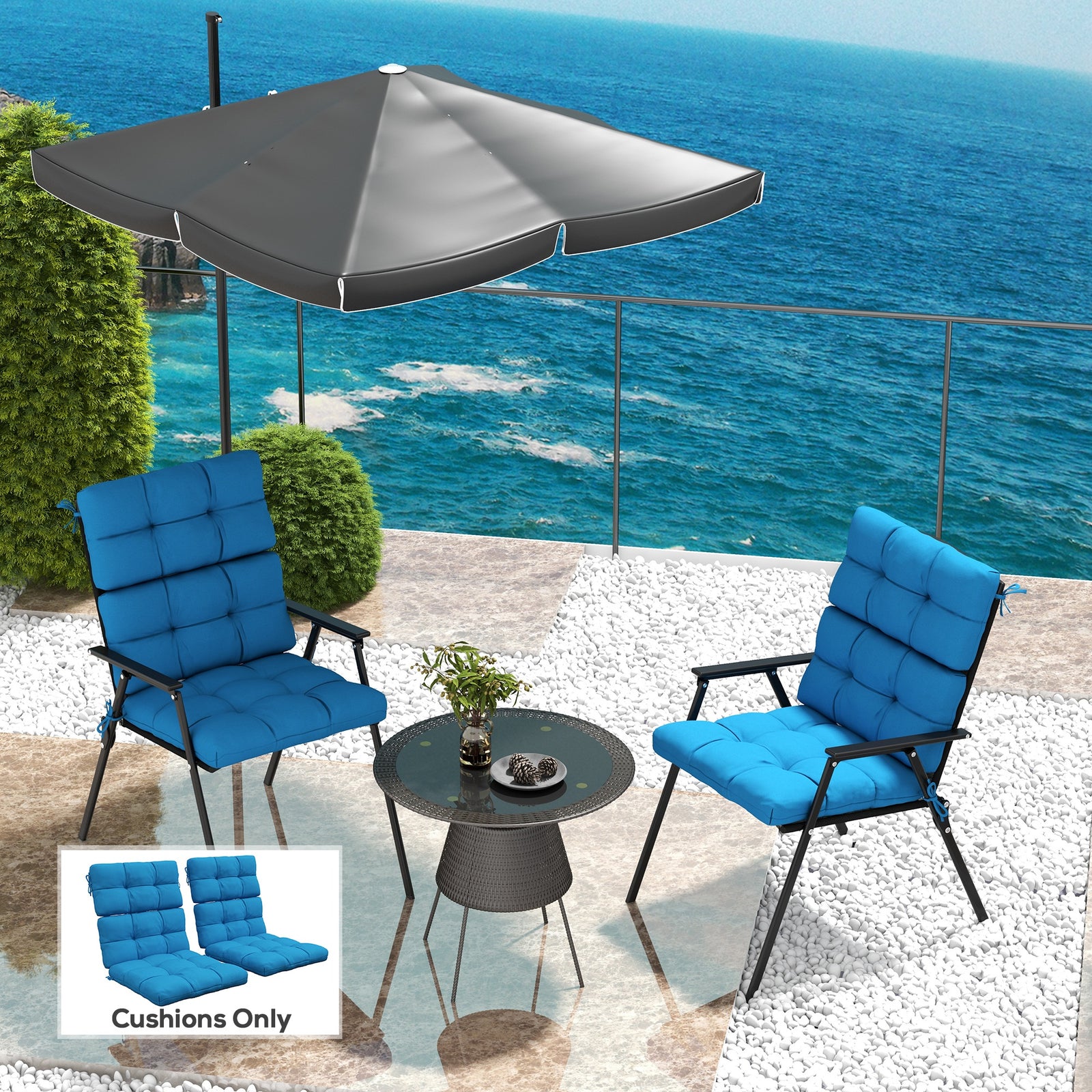 2-Piece Seat Cushion Replacement with Backrest, Garden Patio Chair Cushions Set with Ties, Blue