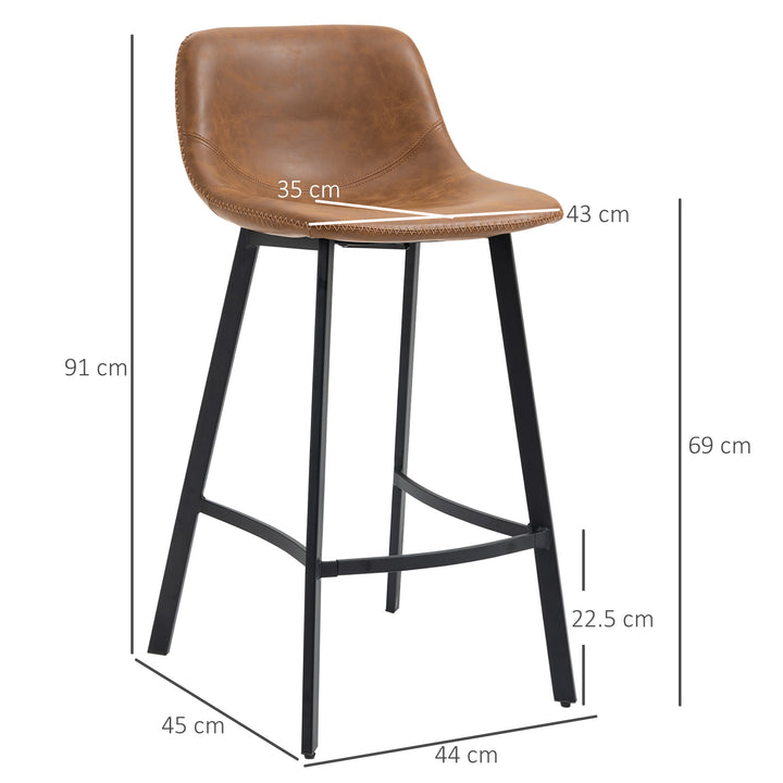 Bar Stools Set of 2, PU Leather Kitchen Stools, Upholstered Breakfast Bar Chairs with Backrest, Steel Legs for Home, Dining Room, Brown