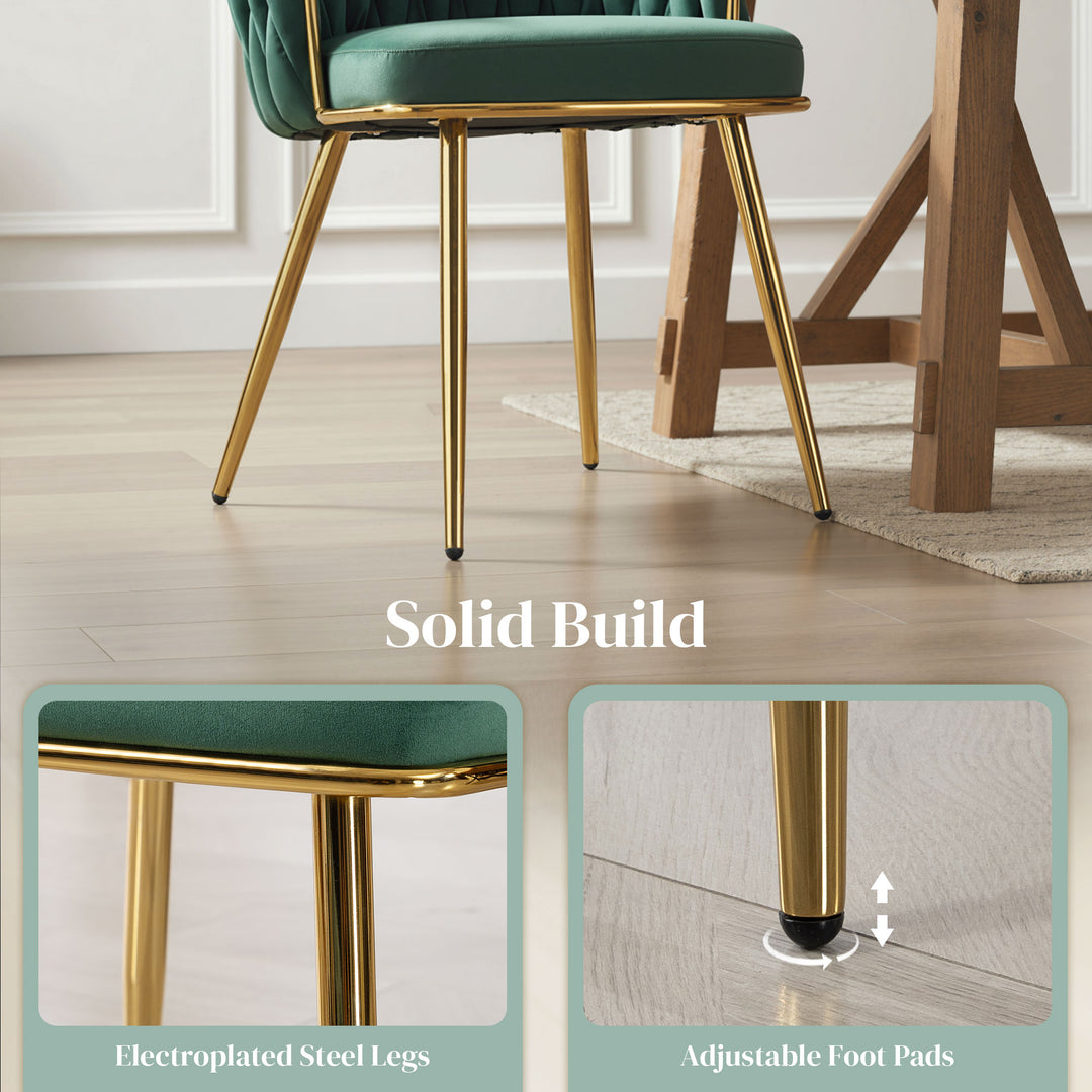 Velvet-Feel Dining Chairs Set of 2, Modern Upholstered Kitchen Chairs with Woven Backrest and Armrests, Metal Legs and Padded Seat for Dining Room, Bedroom, Living Room