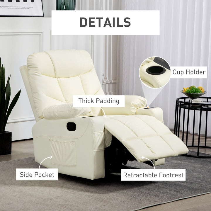 HOMCOM Manual Reclining Chair, Recliner Armchair with Swivel, Faux Leather, Footrest, Cup Holders, 86x93x102cm, Cream | Aosom UK