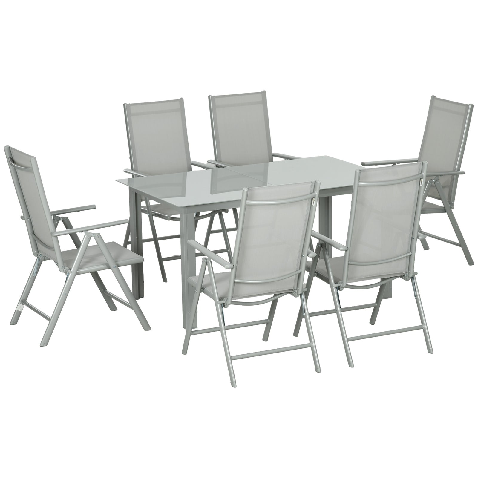 7 Piece Garden Dining Set, Outdoor Table and 6 Folding and Reclining Chairs, Aluminium Frame, Tempered Glass Top Table, Texteline Seats, Grey