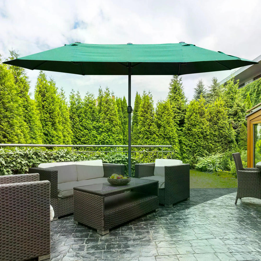 4.6M Sun Umbrella Canopy Double-sided Crank Sun Shade w/ Cross Base Dark Green