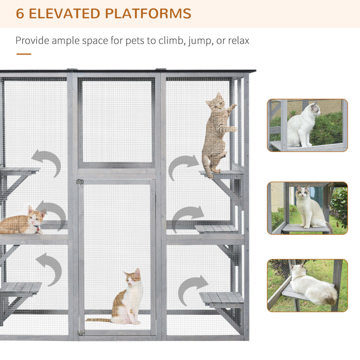 Wooden Catio Cat Outdoor Enclosure, Cat Cage with Waterproof Roof, Platforms, for Multiple Kittens, 180 x 98 x 180 cm
