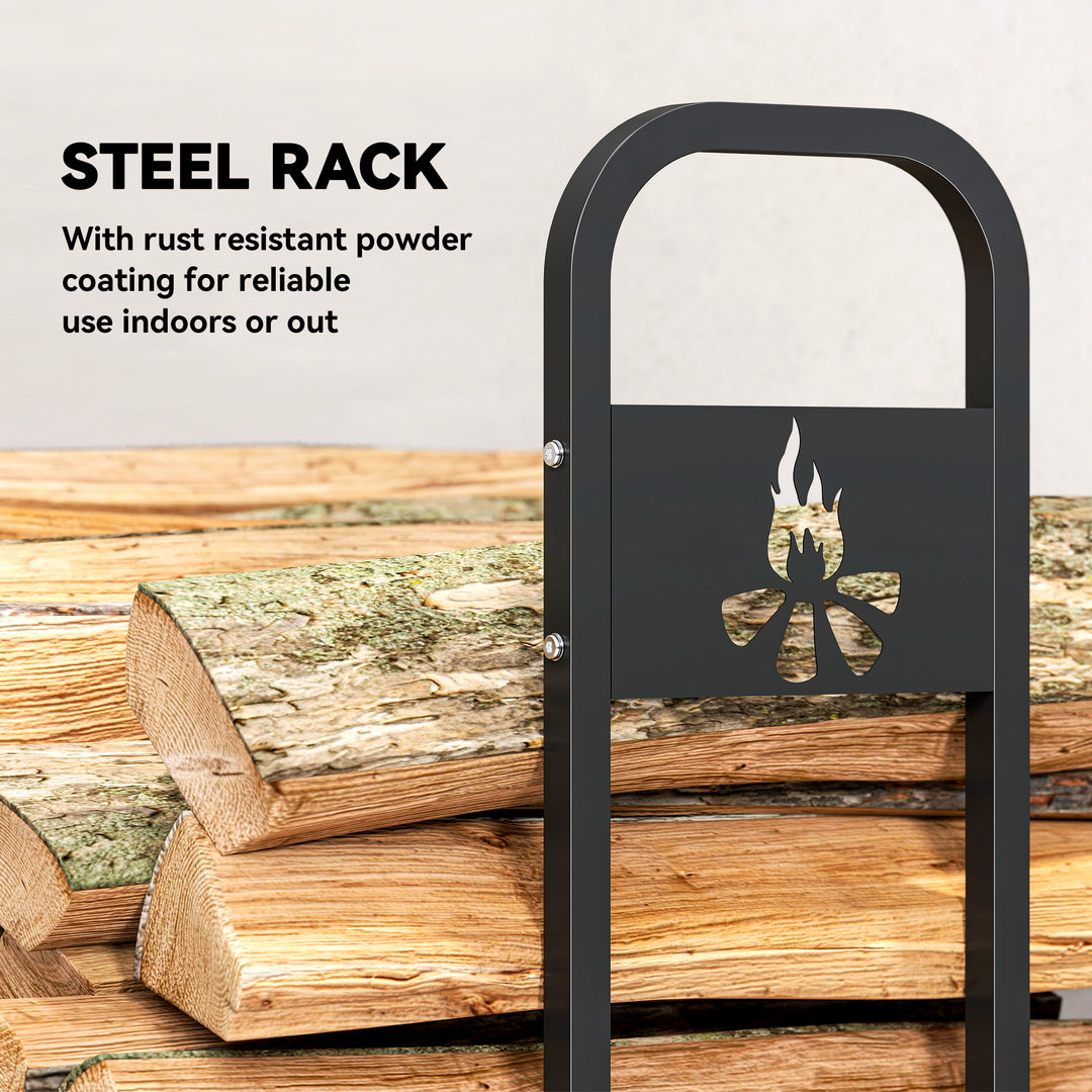 MCL 6.5 FT Steel Firewood Log Rack with 300 kg Capacity, Heavy Duty Indoor Outdoor Fireplace Wood Storage Shelf, Log Holder/Stand with Extra Support Legs, Decorative Bonfire Pattern, Black
