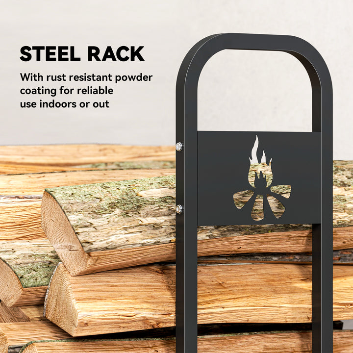 MCL 6.5 FT Steel Firewood Log Rack with 300 kg Capacity, Heavy Duty Indoor Outdoor Fireplace Wood Storage Shelf, Log Holder/Stand with Extra Support Legs, Decorative Bonfire Pattern, Black