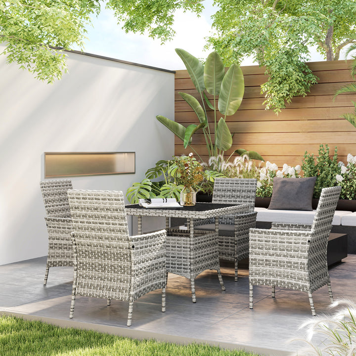 Rattan Garden Furniture Set, Outdoor Dining Table and Chairs 4 Seater with Cushions, Square Tempered Glass Top, 4 Armchairs, for Balcony, Terrace, Conservatory, Mixed-Grey