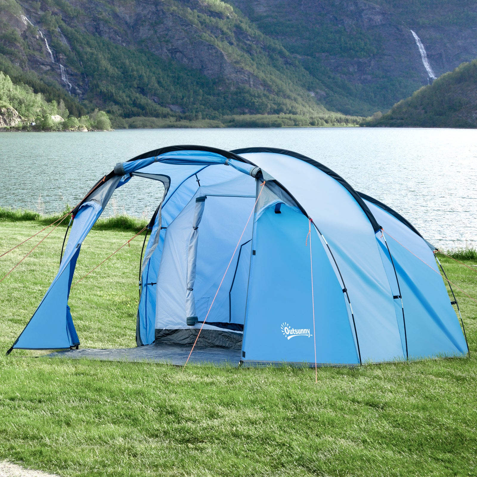 2 Room Tent with Vestibule, Weather-Resistant Camping Tent with Air Vents for Fishing Hiking, Sky Blue