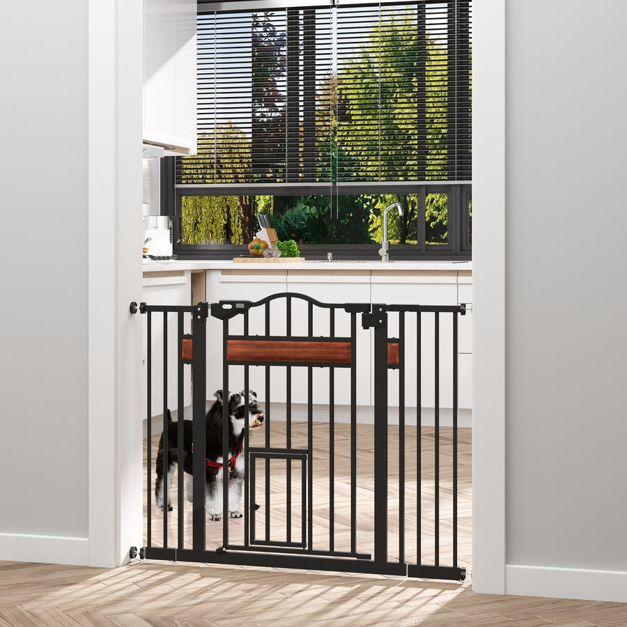Pet Gate Safety Gate, with Cat Flap, Auto Close, for Staircases, Doorways, Hallways, 74-105cm Wide - Black