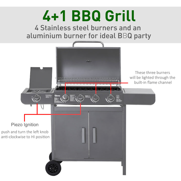 4+1 Burner Gas BBQ Grill, Outdoor Barbecue Trolley with Wheels, Warmin