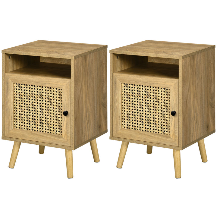 HOMCOM Bedside Table with Rattan Element, Side End Table with Shelf and Cupboard, 39cmx35cmx60cm, Set of 2, Natural