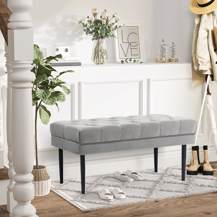 Velvet Bed End Bench, Button Tufted Window Seat, Hallway Shoe Bench, Upholstered Accent Lounge Chair Stool for Living Room, Bedroom, Grey
