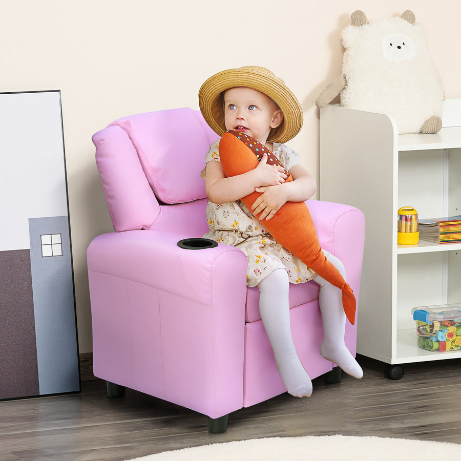 Kids Recliner Chair, PU Leather with Adjustable Backrest, Footrest, Padded Headrest, Pink