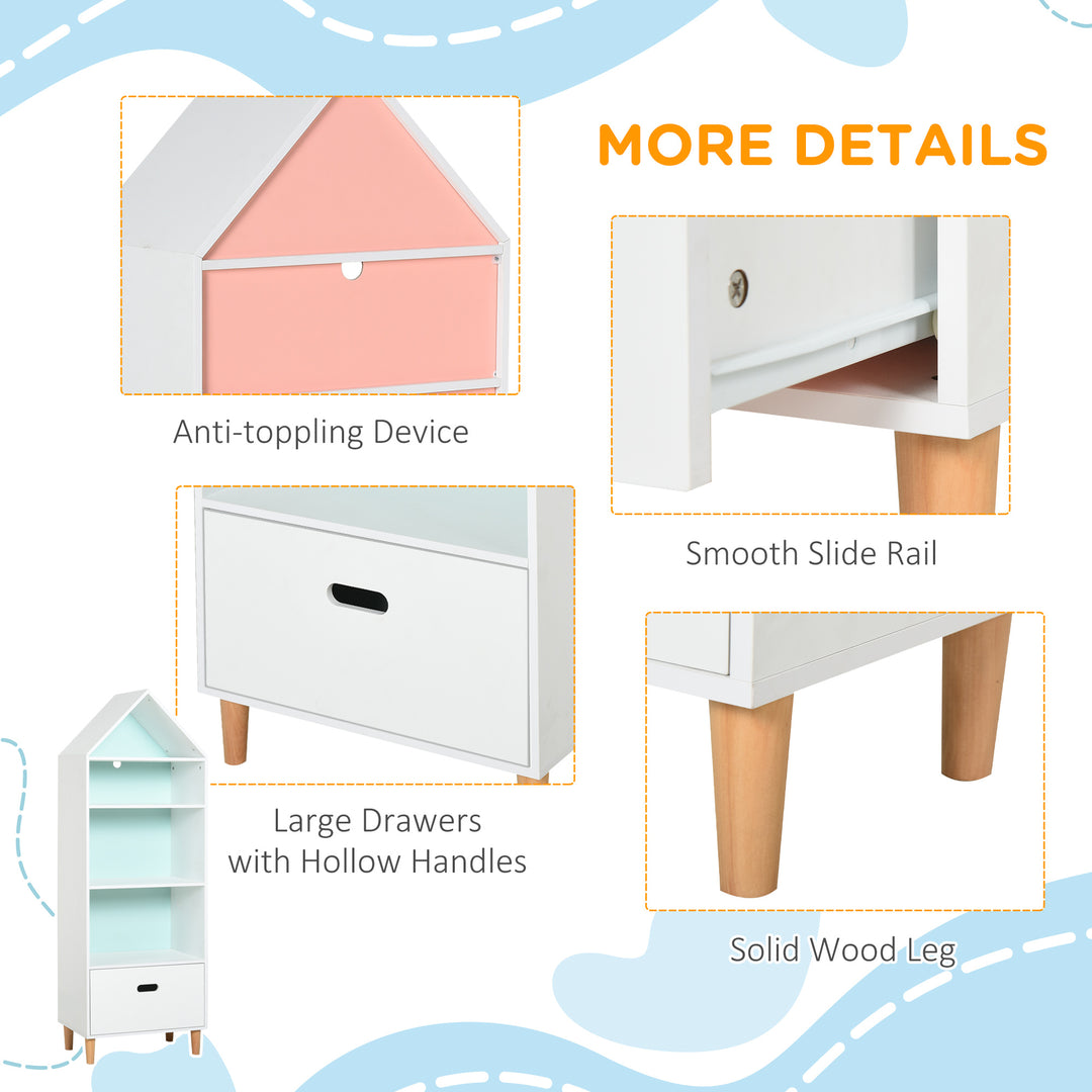 Kids Children Wooden Bookcase w/Drawer Bedroom Furniture Bookshelf Storage Rack Display Unit Toys Games Organisation Cabinet Pink Blue Back Panel 50 x 30 x 142 cm