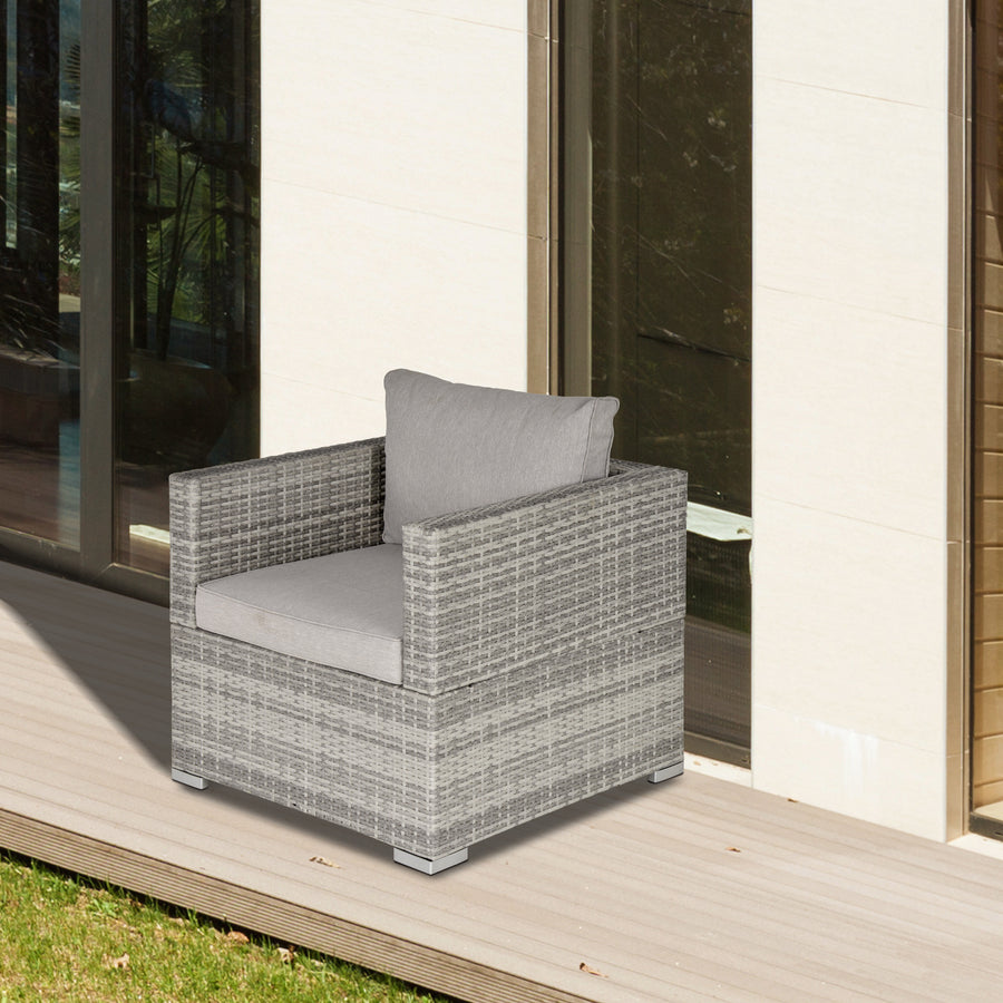 Single Seater Rattan Chair Sofa with Padded Cushions, All-Weather PE Wicker Weave Garden Armchair with Armrests, Grey