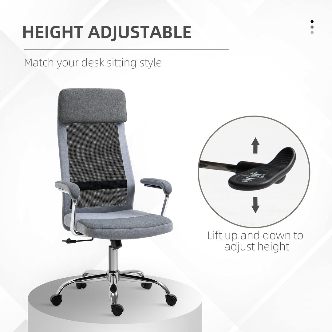 Office Chair, Ergonomic Desk Chair, High Back Computer Chair with Adjustable Height, Swivel Rolling Wheels, Mesh Back and Linen-Feel Fabric Seat for Home and Study, Grey