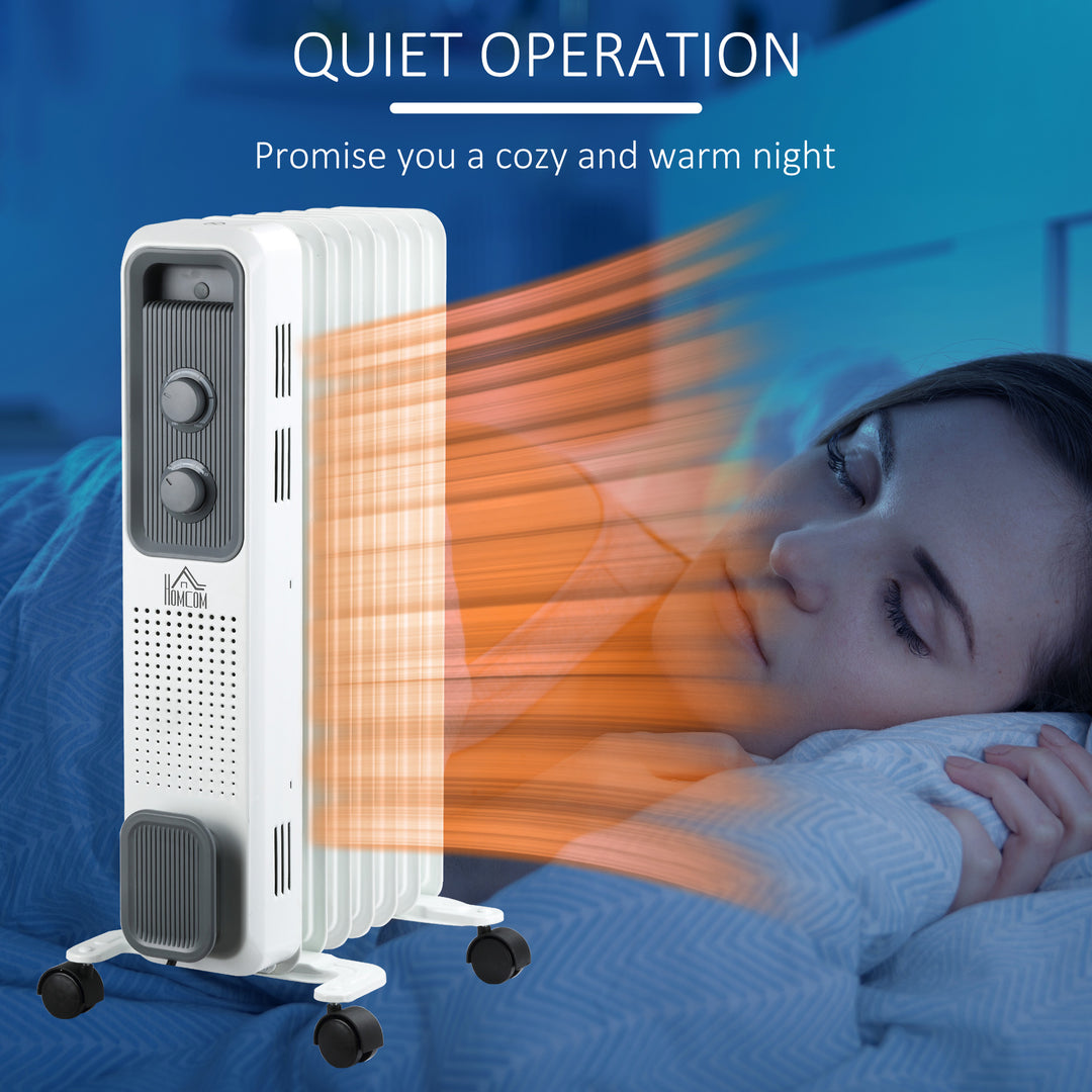 1500W Oil Filled Radiator, 7 Fin, Portable Electric Heater with 3 Heat Settings, Safety Cut-Off and Wheels, White