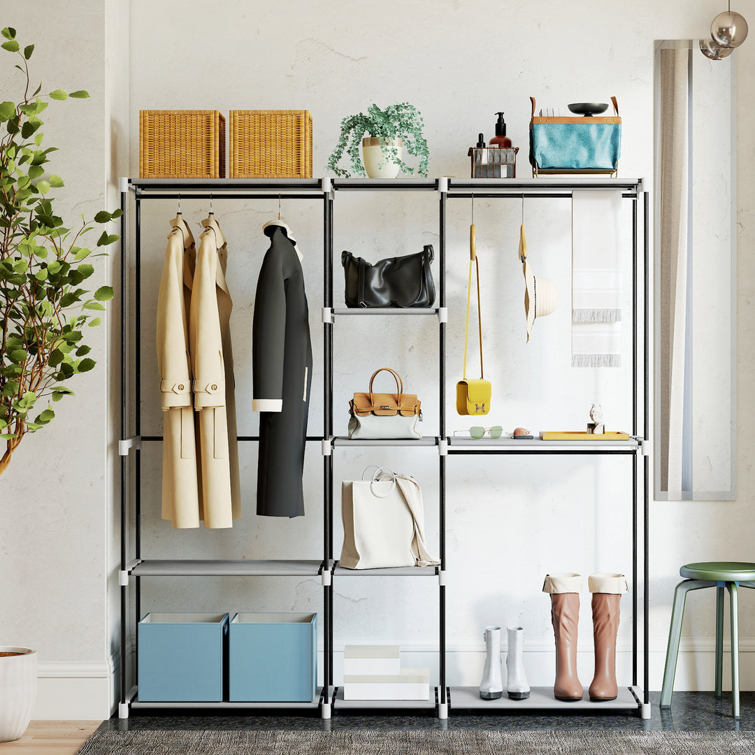 Portable Wardrobe, Open Clothes Wardrobe with 8 Shelves, 3 Hanging Rai