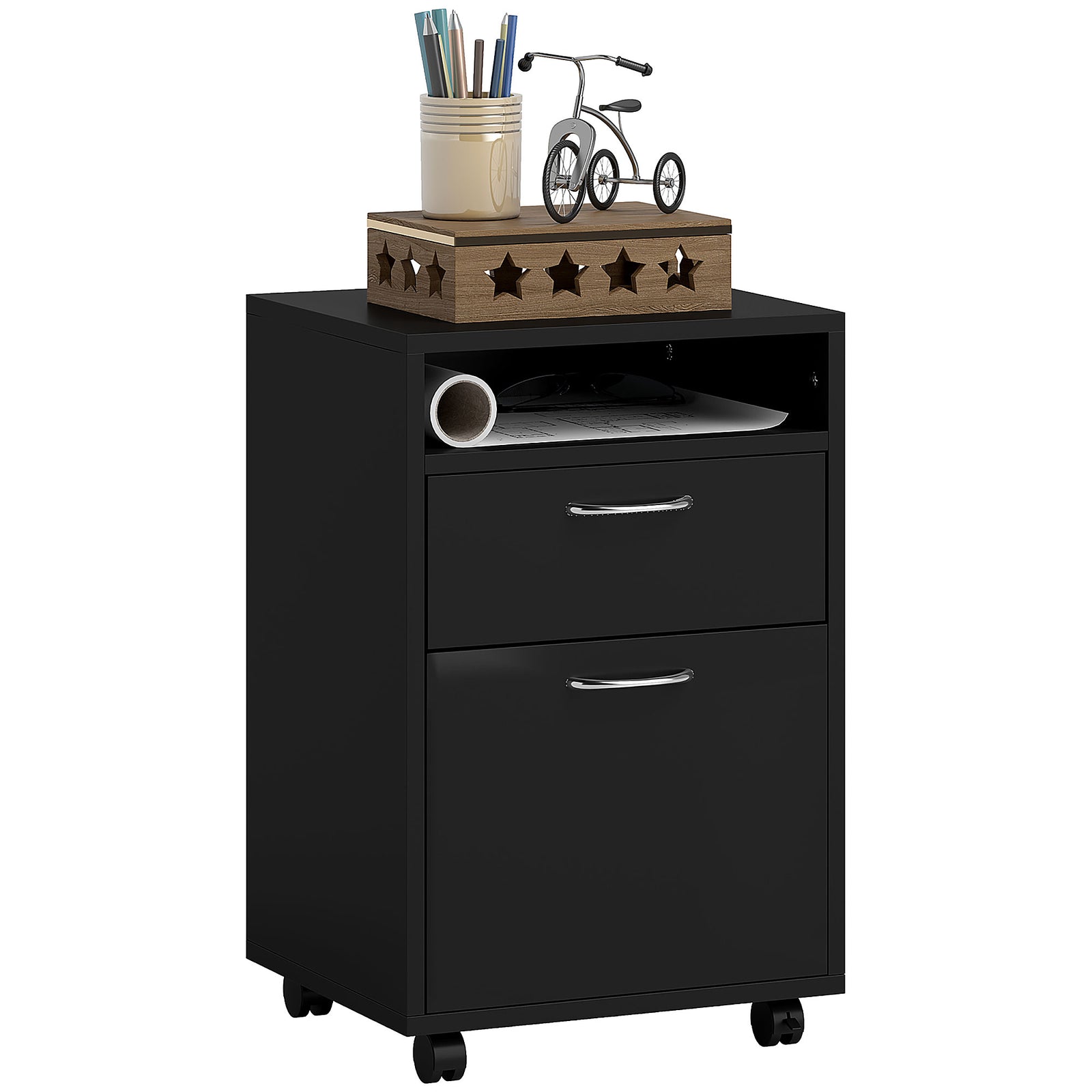 60cm Filing Cabinet with Drawer, Open Shelf, Metal Handles and 4 Wheels, Office Home Organiser Mobile Printer, Black