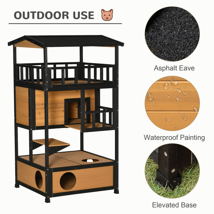 Wooden Outdoor Cat House, 3-Tier Cat Shelter with Tilted Roof, Terrace, Jump Step, Bottom Tray and Elevated Base, Waterproof Paint, Yellow