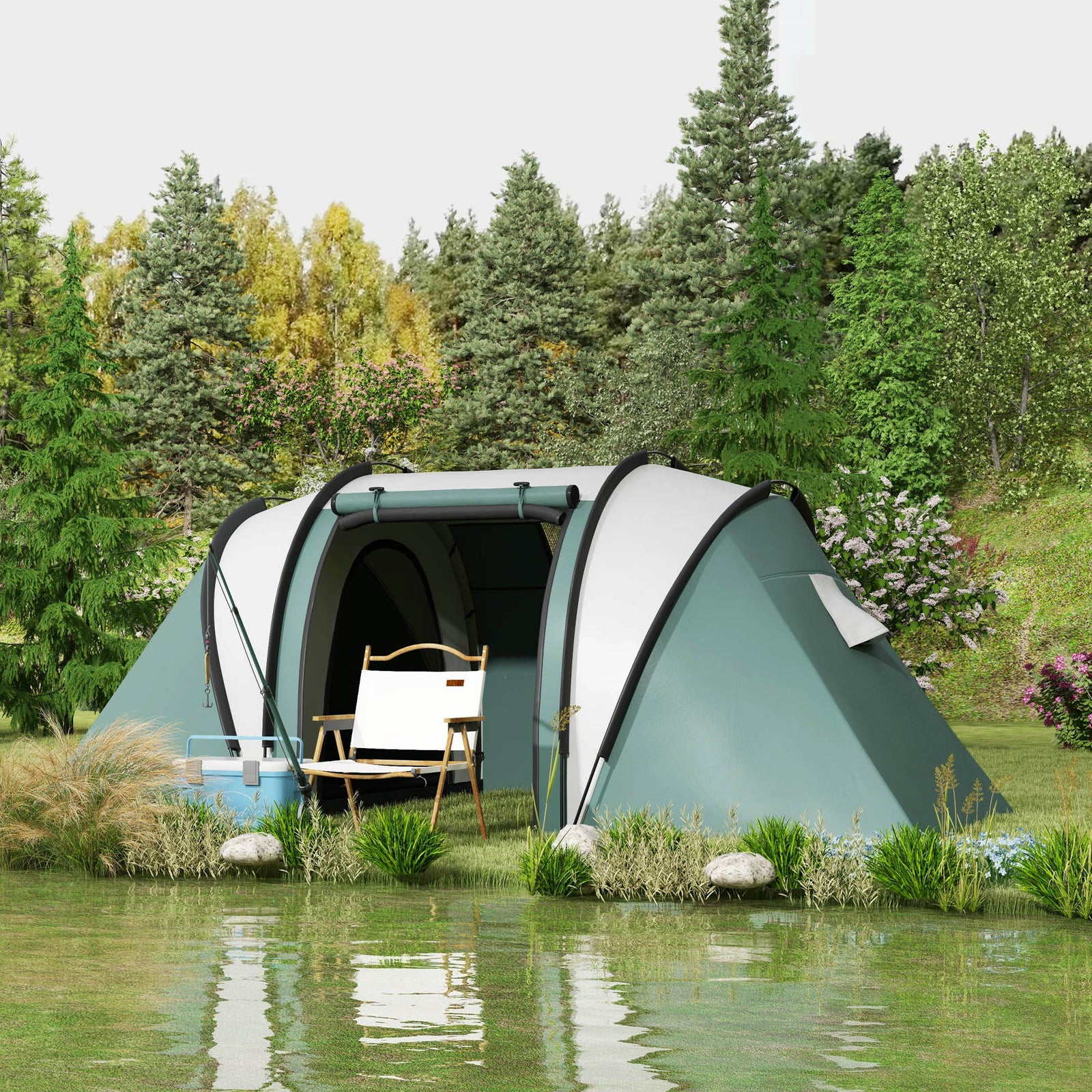 Two-Man Tent, with Bedrooms, Living Room and Canopy - Dark Green