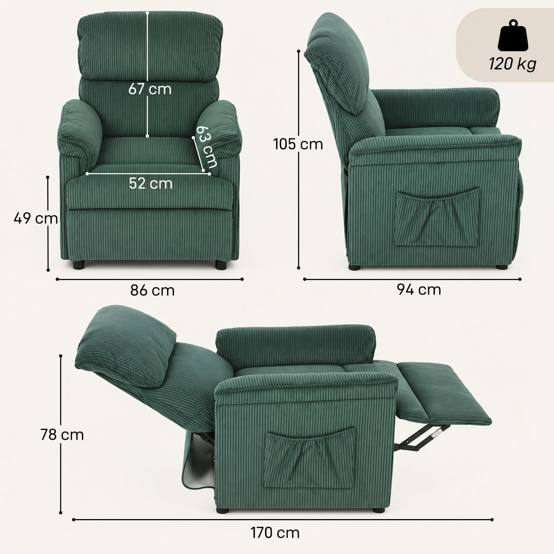 Corduroy Electric Recliner Armchair with Massage and Heat - Green - view 3
