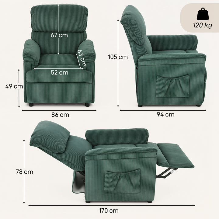 Corduroy Electric Recliner Armchair with Massage and Heat - Green - view 3
