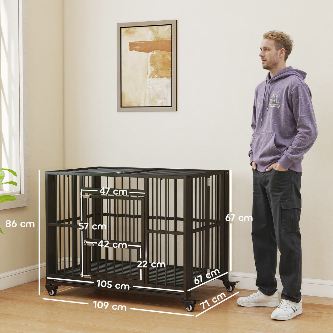 43" Heavy Duty Dog Crate, Foldable Dog Cage, with Openable Top, Locks, Removable Tray, Wheels - Black