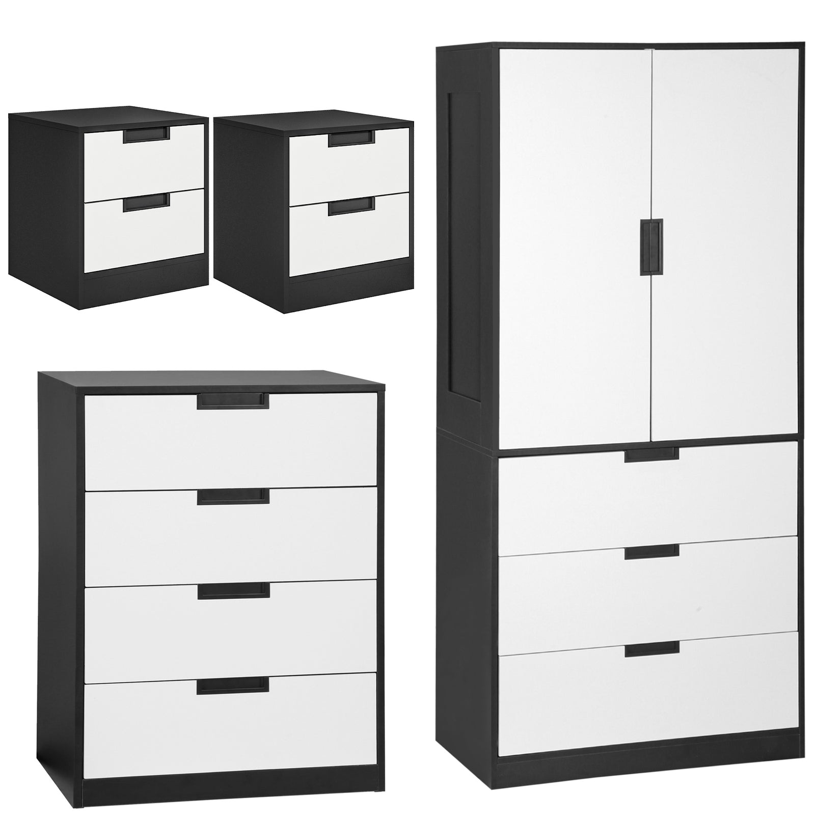 Bedroom Furniture Set, Wardrobe with Hanging Rod, 4 Drawer Chest of Drawers, 2 Bedside Tables with Storage, White and Black