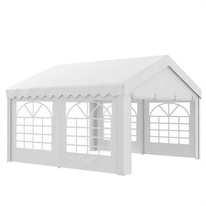 Outsunny Portable Party Tent 4m x 4m Carport Shelter with Removable Sidewalls, Double Doors, Heavy Duty, White | Aosom UK