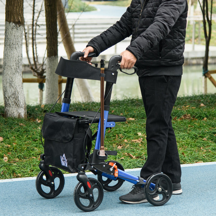 4 Wheel Rollator with Seat and Back, Folding Mobility Walker with Carry Bag, Adjustable Height, Dual Brakes, Cane Holder, Lightweight Aluminium Walking Frame for Seniors and Disabled
