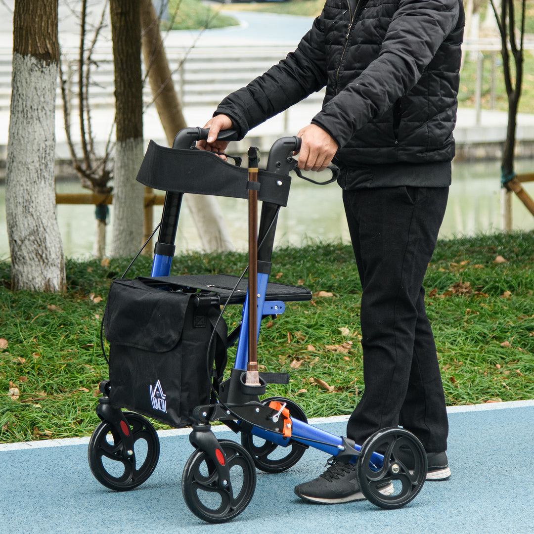 4 Wheel Rollator with Seat and Back, Folding Mobility Walker with Carry Bag, Adjustable Height, Dual Brakes, Cane Holder, Lightweight Aluminium Walking Frame for Seniors and Disabled, Blue