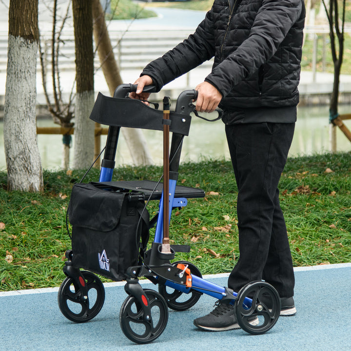 4 Wheel Rollator with Seat and Back, Folding Mobility Walker with Carry Bag, Adjustable Height, Dual Brakes, Cane Holder, Lightweight Aluminium Walking Frame for Seniors and Disabled, Blue