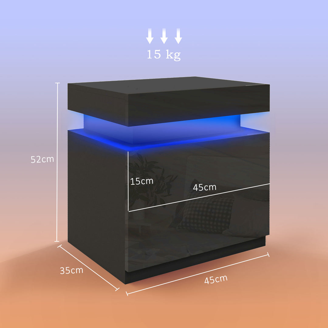 Black Bedside Table with LED Light, High Gloss Front Nightstand with 2 Drawers, for Living Room, Bedroom
