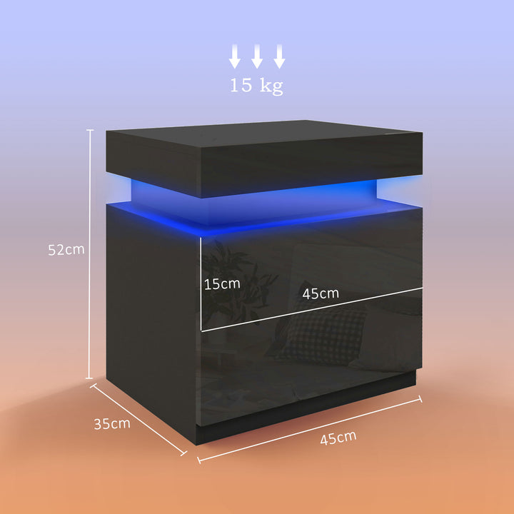 Black Bedside Table with LED Light, High Gloss Front Nightstand with 2 Drawers, for Living Room, Bedroom