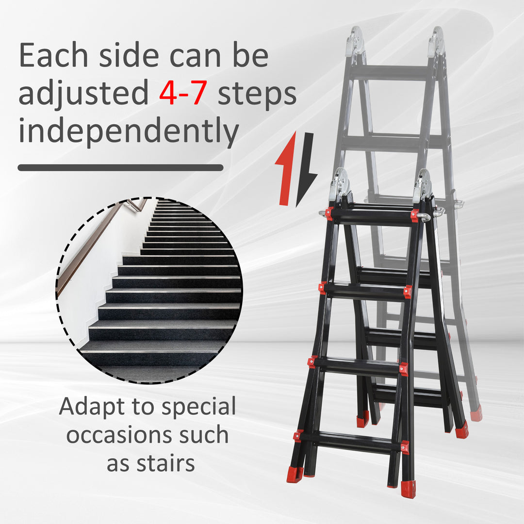 HOMCOM 4M Aluminium Duo Ladder Telescopic Herringbone Changeable Multi-Purpose w/ Non-Slip Steps Climbing DIY Platform Portable Workshop House Garden