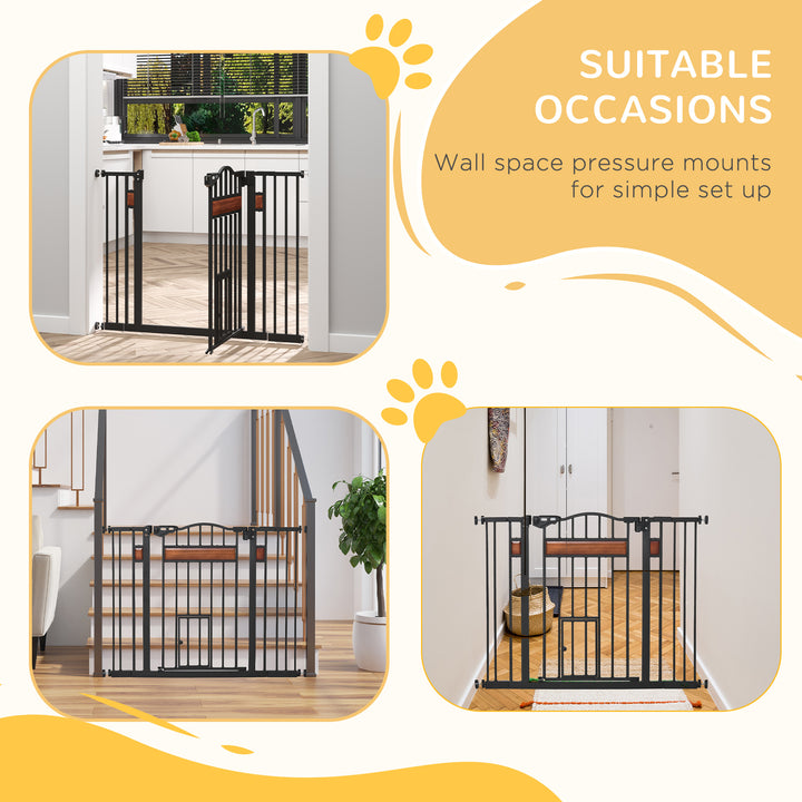 Pet Gate Safety Gate, with Cat Flap, Auto Close, for Staircases, Doorways, Hallways, 74-105cm Wide - Black