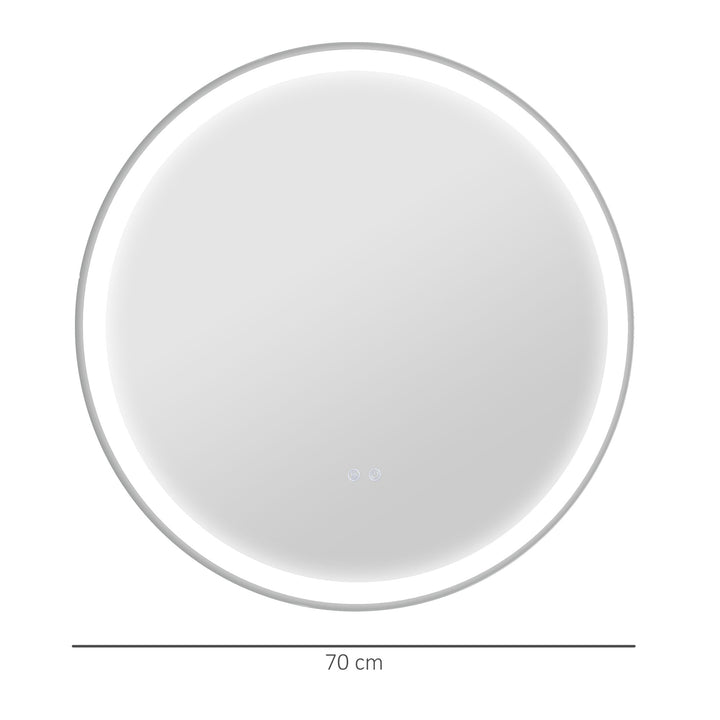 Round Bathroom Mirror with LED Lights, Wall Mount Dimmable Makeup Mirror with 3 Temperature Colours, Defogging Film and Memory Function, Frameless, Hardwired, 70 x 70 cm