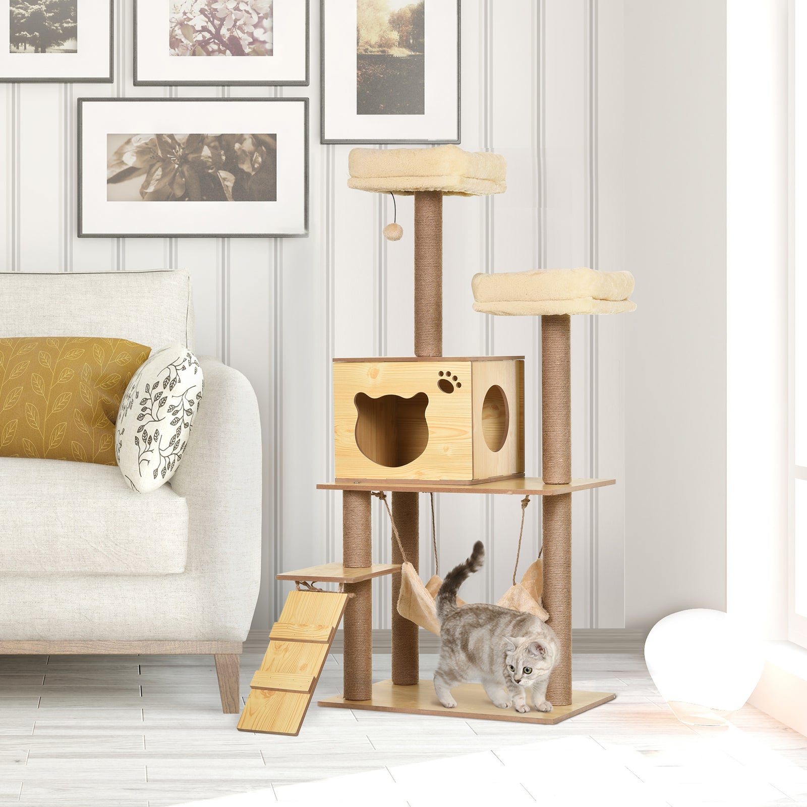130cm Cat Tree for Indoor Cats, Multi-Level Plush Cat Tower, with Five Scratching Posts, Two Perches, Cat House, Hammock